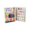 An open stamp collecting binder kit displaying an assortment of stamps in sleeves