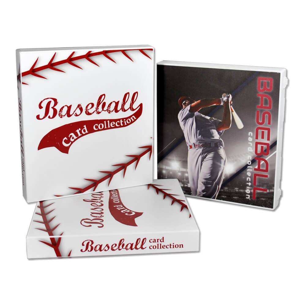 group of baseball card binders stacked together