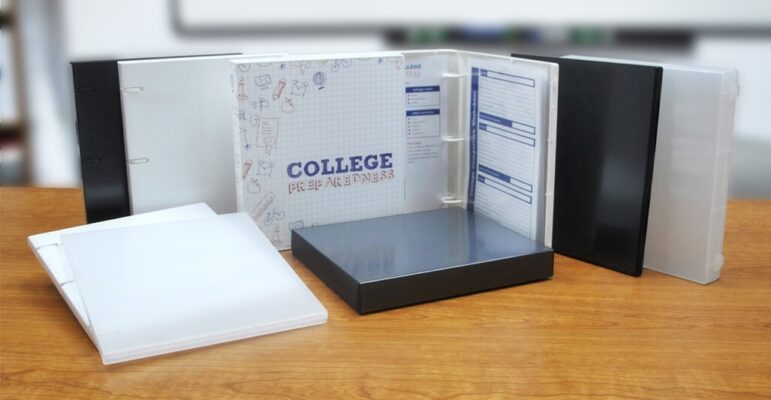 A 3-ring binder for school with a decorative cover, perfect for college students to keep their notes and assignments organized.