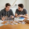 Guys collecting and re-organizing hockey cards in a hockey card binder