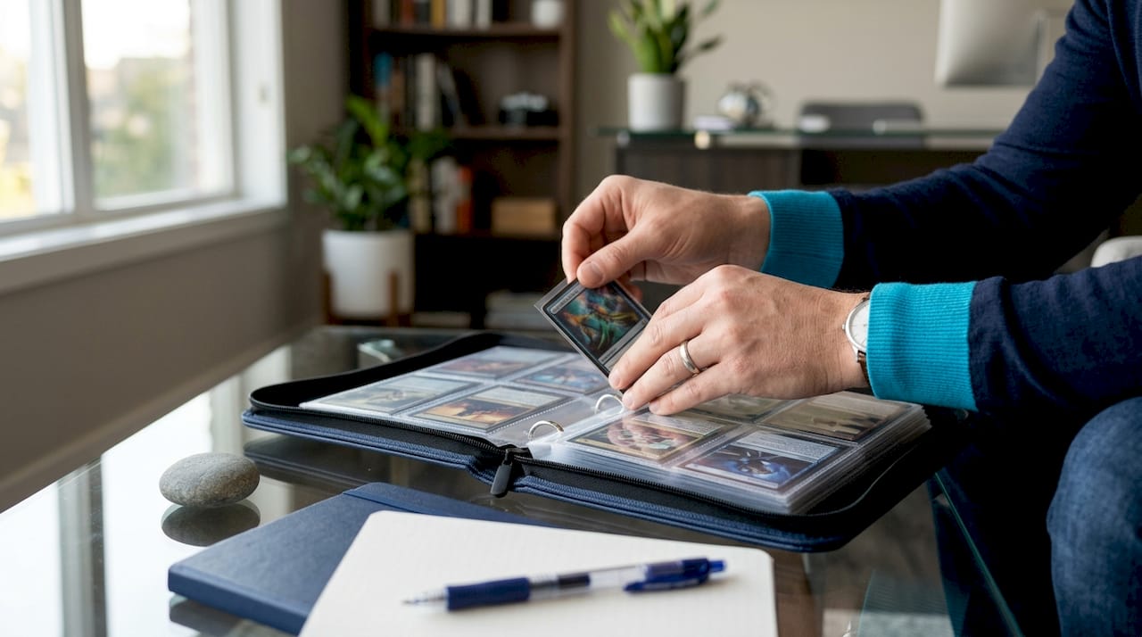 Hands organizing cards in zipper binder in living room