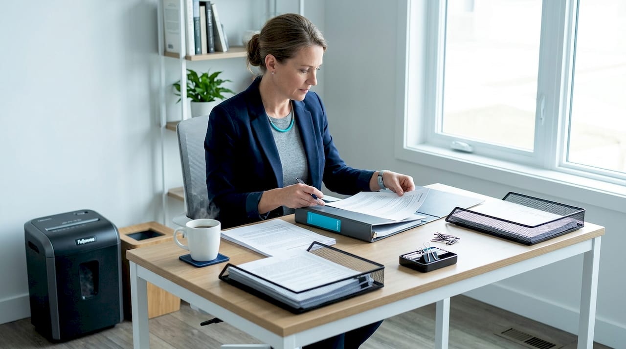 Woman sorting papers in home office