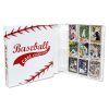 An open baseball card binder displaying sports cards