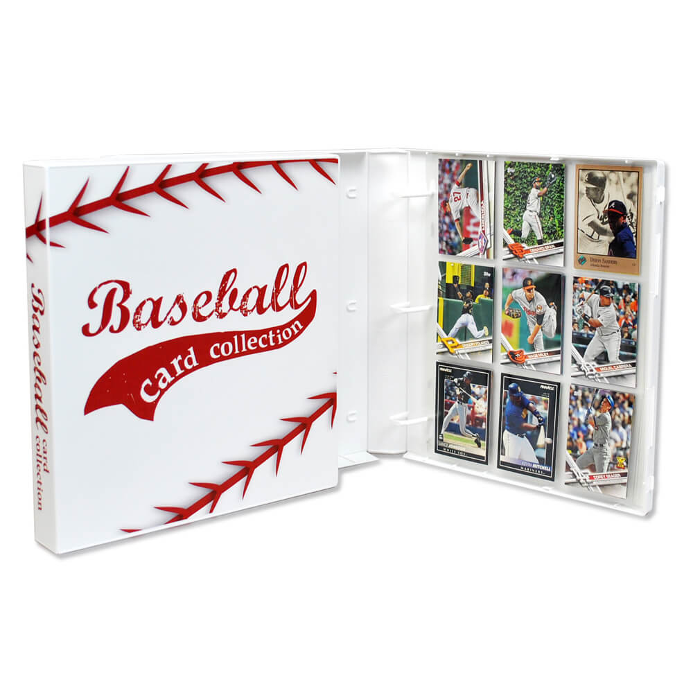 An open baseball card binder displaying sports cards